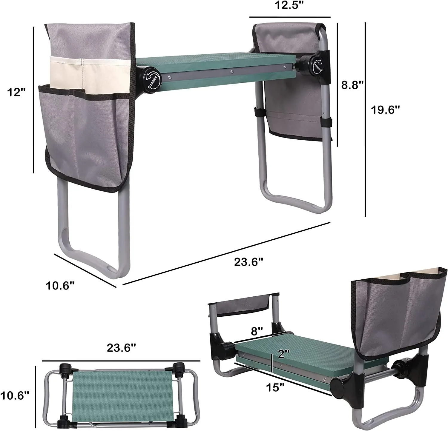 2-in-1 Garden Kneeler Stool Gardening Bench for Kneeling or Sitting with 2 Tool Bag Pouch, Green