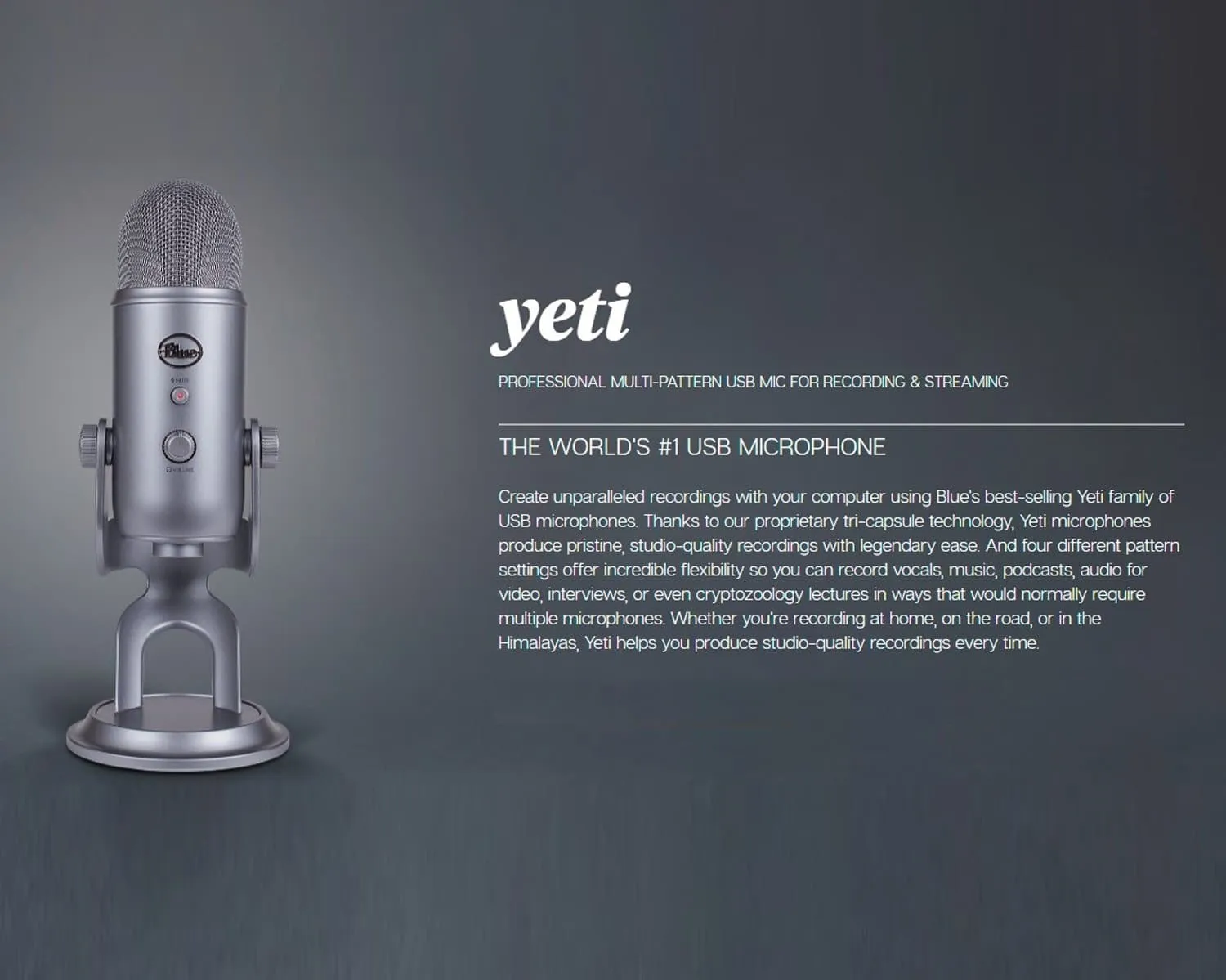 Blue Yeti 3 Capsule USB Audio Youtube Microphone - Space Grey