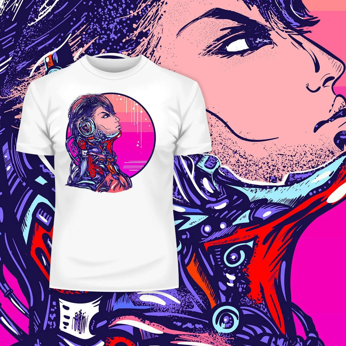 Cyberpunk Art Robot With headphones Biomechanical soldier Unisex t-shirt